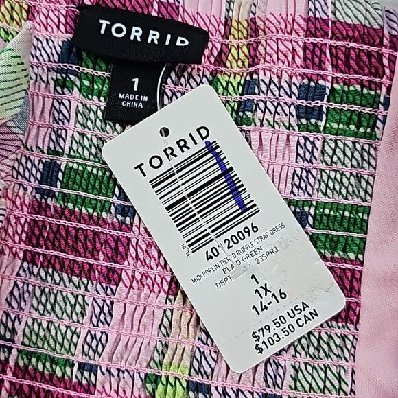 Torrid Mini Poplin Tiered Ruffle Strap Dress Plaid Green Pink NWT Plus 1X 14-16‎ - Picture 7 of 11